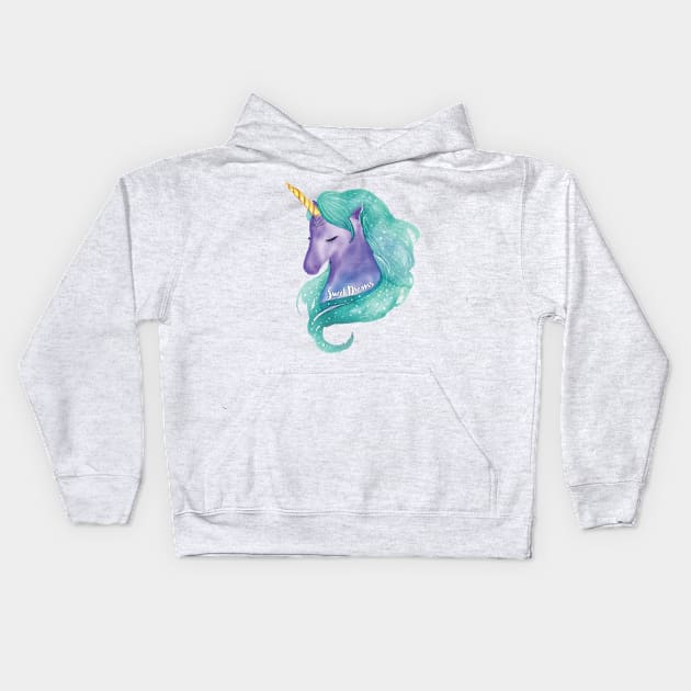 Purple and Teal Sweet Dreams Unicorn Kids Hoodie by SandiTyche